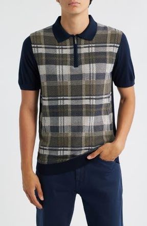 Robert Barakett Kenzo Plaid Short Sleeve Quarter Zip Sweater in Navy at Nordstrom Rack, Size Xx-Large