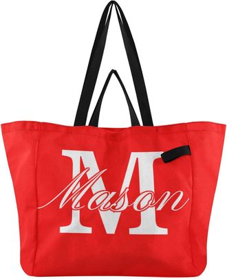 Generic Custom Red print Reusable Canvas Tote Bag, Heavy Duty Grocery Shopping Bag with Double Handles Hard Bottom Large Capacity Work Groceries Travel