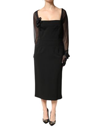 Dolce & Gabbana Black Sheer Yoke Rosette Sheath Midi Womens Dress