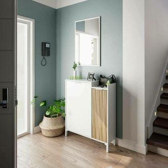 Dmora Mueble recibidor Williamsport, Recibidor con 2 puertas, Armario con espejo, Almacenamiento multifunción, 77x24h91 cm, Blanco y Roble - Dmora