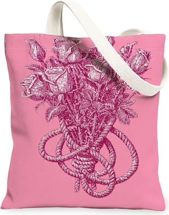 Generic Peach Floral Canvas Tote Bags, Vintage Rose Design Reusable Grocery Bags, Summer Lightweight Washable Shoulder Strap Canvas, Peach, 13x15 Inch
