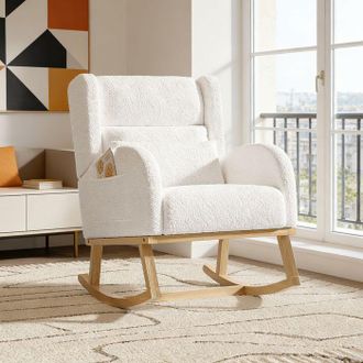 OEM Sill&oacute;n Mecedora Escandinavo De Terciopelo Teddy Blanco 1 Plaza - Soporte Lumbar, Patas De Madera
