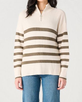Dex Clothing Stripe Zip-Up Sweater In Cream/army Green