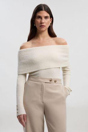 Karen Millen Womens Wool Blend Cosy Bardot Knit Jumper - Cream - Size Large