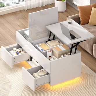 Merax High Gloss Lift-Top Coffee Table with Hidden Storage & LED in White