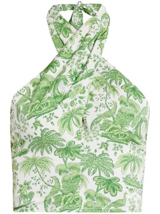 Staud Kai botanical-print halterneck top - women - Spandex/Elastane/Cotton - L - Green