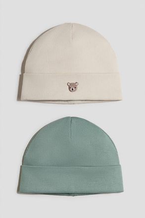 H&M 2-pack Cotton Beanies in Dusty Green/bear at Nordstrom, Size 9-12 M