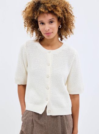 Fransa Womens Moss-stitch short-sleeve Cardigan Sweater