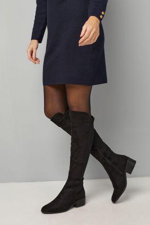 Wallis Womens Hannah Stretch Back Almond Toe Low Heel Knee Boots - Black Leather - Size UK 6