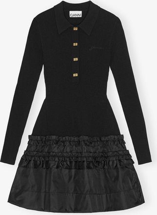 Ganni Black Mini Dress in Rib Knit Ruffle