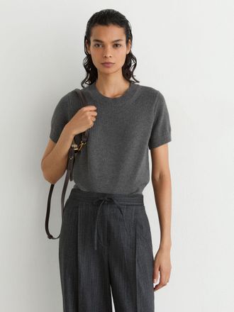 Reiss Grey Cotton and Wool Short-sleeve Knit Top, XL