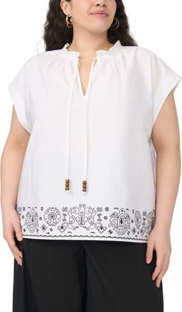 Vince Camuto Embroidered Tie Neck Top in Rich Black/white at Nordstrom, Size 2X