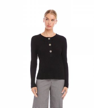 Karen Kane Landry Long Sleeve Ribbed Flower Button Detail Top In Black
