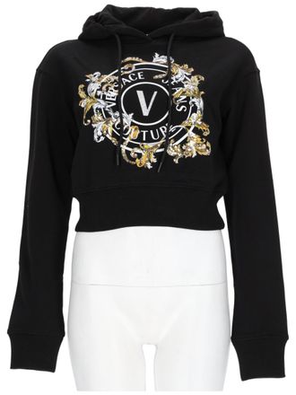 Versace Jeans Couture Cropped Black Baroque Emblem Drawstring Cotton Hoodie