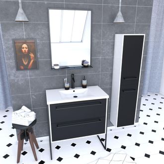 Aurlane Pack Mueble De Ba&ntilde;o 80x50 Negro, Lavabo Blanco, Espejo Negro Mate + Columna