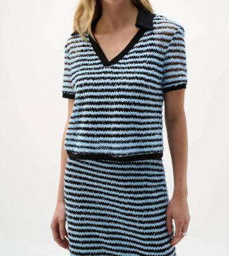 Joseph Ribkoff Textured Stripe Short Sleeve Top In Blue/black