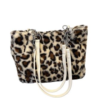 Generic Womens Plush Bags Simple Versatile Plush Leopard Tote Bag For Women Fluffy Shoulder Large Capacity Commuter Handle(White)