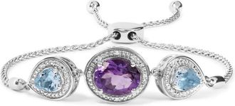 House of Brilliance 925 Sterling Silver Oval Amethyst and Pear Blue Topaz with Diamond Accent Lariat 4-10 Adjustable Bolo Bracelet (H-I Color, SI1-SI2 Clarity)
