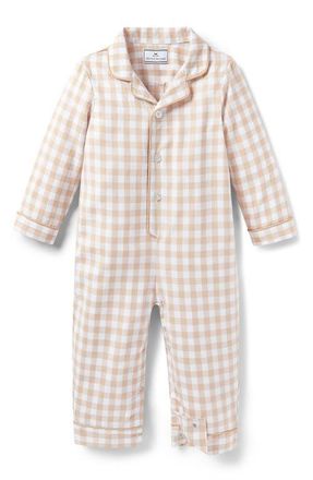 Petite Plume Gingham One-Piece Brushed Twill Pajamas in Beige at Nordstrom, Size 12-18M