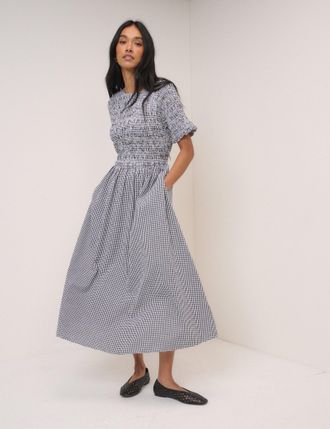 Nobody's Child Navy Gingham Shirred Leah Midi Dress