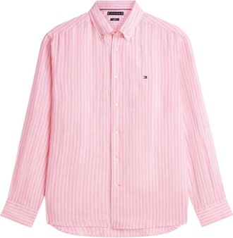 Tommy Hilfiger Regular Fit Gestreept Linnen Overhemd - Heren - Casual Overhemden - Roze - L - Linnen - Overhemden