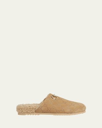 Gucci Horsebit GG Suede Shearling Mules