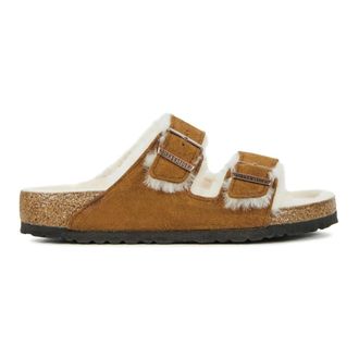 Birkenstock Sliders, female, Brown, Size: 7 US Cognac Suede Slippers