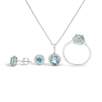 House of Brilliance 10K Gold Gemstone and 3/8 Cttw Diamond Halo Jewelry Set in White | Blue Aquamarine at Nordstrom