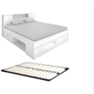 Vente-Unique Vente-unique - Letto con testata con vani portaoggetti e cassetti 160 x 200 cm: Bianco + Rete leandre