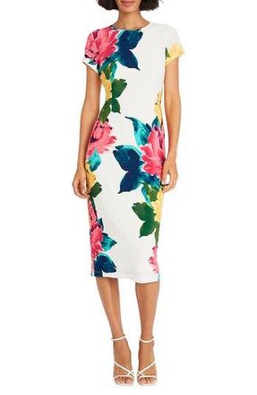 Maggy London Floral Short Sleeve Jersey Midi Dress in Soft White/Coral Pink at Nordstrom Rack, Size 2