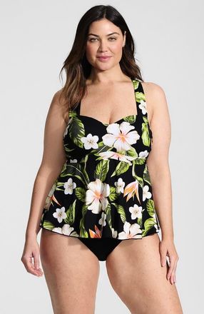 Lands End Plus Size Sweetheart Fauxkini One Piece in Hibiscus Floral/black at Nordstrom, Size 26W
