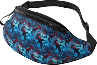 Generic Red Blue Hammerhead Shark Print Waist Packs Waist Bag With Headphone Jack Bumbags For Sport Men Ladies 14X35Cm