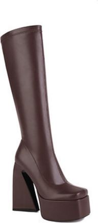 Generic Womens Square Toe PU Leather Long Boot Block High Heel Knee High Boots Pull on Knight Boots,Brown,4.5 UK