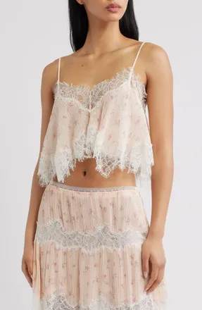 LoveShackFancy Elysia Eyelash Lace Trim Crop Silk Top in Sweet Nectar at Nordstrom, Size X-Large