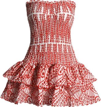 Generic Women Embroidery Mini Dress Strapless Off Shoulder Waist Sexy Summer Dresses RED M