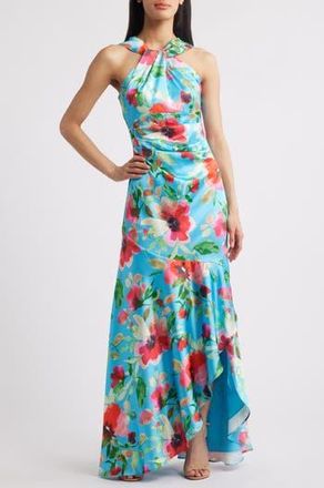 Eliza J Floral Print Twist Neck Gown in Aqua at Nordstrom Rack, Size 14