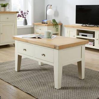 Home Source Industries Melbourne Solid Wooden 2 Drawer Coffee Table Metal Handles Oak Top in White