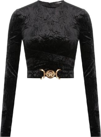 Versace Velvet Logo Plaque Crop Top, Brand Size 38 ( US Size 2 )