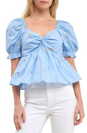 English Factory Floral Embroidered Puff Sleeve Babydoll Top in Powder Blue Multi at Nordstrom, Size Medium