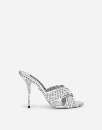 Dolce & Gabbana Crystal Mesh Mules - Woman Slides And Mules Silver Satin 36.5