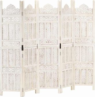 vidaXL Biombo 5 Paneles Tallado A Mano Madera Mango Blanco 200x165 Cm Vidaxl