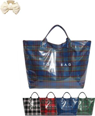 Generic Womens Letters Print Tote Bag, Fashion Plaid Tote Bag Handbag, PVC Work Handle for Women Shopping Market (Blue)