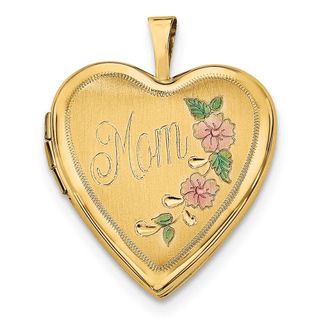 Diamond2Deal 14k Yellow Gold Pink and Green Enameled Floral MOM Script 20mm Heart Locket