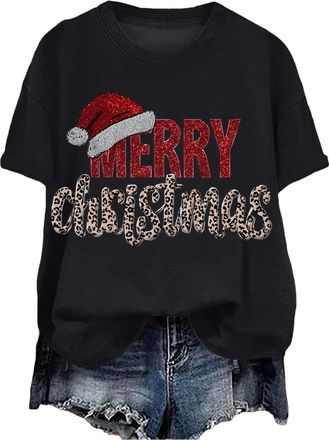 Generic Christmas T Shirt for Womens Funny Festive Printed Blouse Loose Fit Comfortable Xmas Pullover Ladies Short Sleeve Tshirts Christmas Crew Neck Casual S