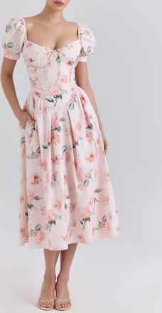 House of CB Lulabell Puff Sleeve Midi Dress in Hydrangea And Rose Peach at Nordstrom, Size X-Small A