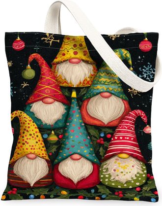 Generic Christmas Gnome Canvas Tote Bags, Colorful Holiday Pattern Reusable Grocery Bags, Vintage Lightweight Washable Shoulder Str, Colorful, 13x15 Inch