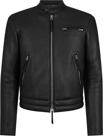 Tom Ford Jassen, Heren, Zwart, L, Graanlederen Rits Bikerjack Zwart