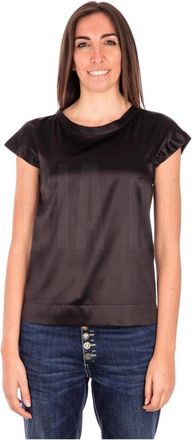 Caliban Satijnen Overhemd Korte Mouw - Dames - Blouses - Zwart - M - Satijn - Overhemden
