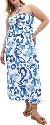 City Chic Peta Serene Print Halter Neck Maxi Dress in Mykonos at Nordstrom, Size Xxxs
