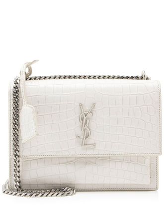 Saint Laurent White Croc-Embossed Leather Croc Embossed Leather Monogram Sunset Medium Shoulder Bag (Authentic Pre-Loved)